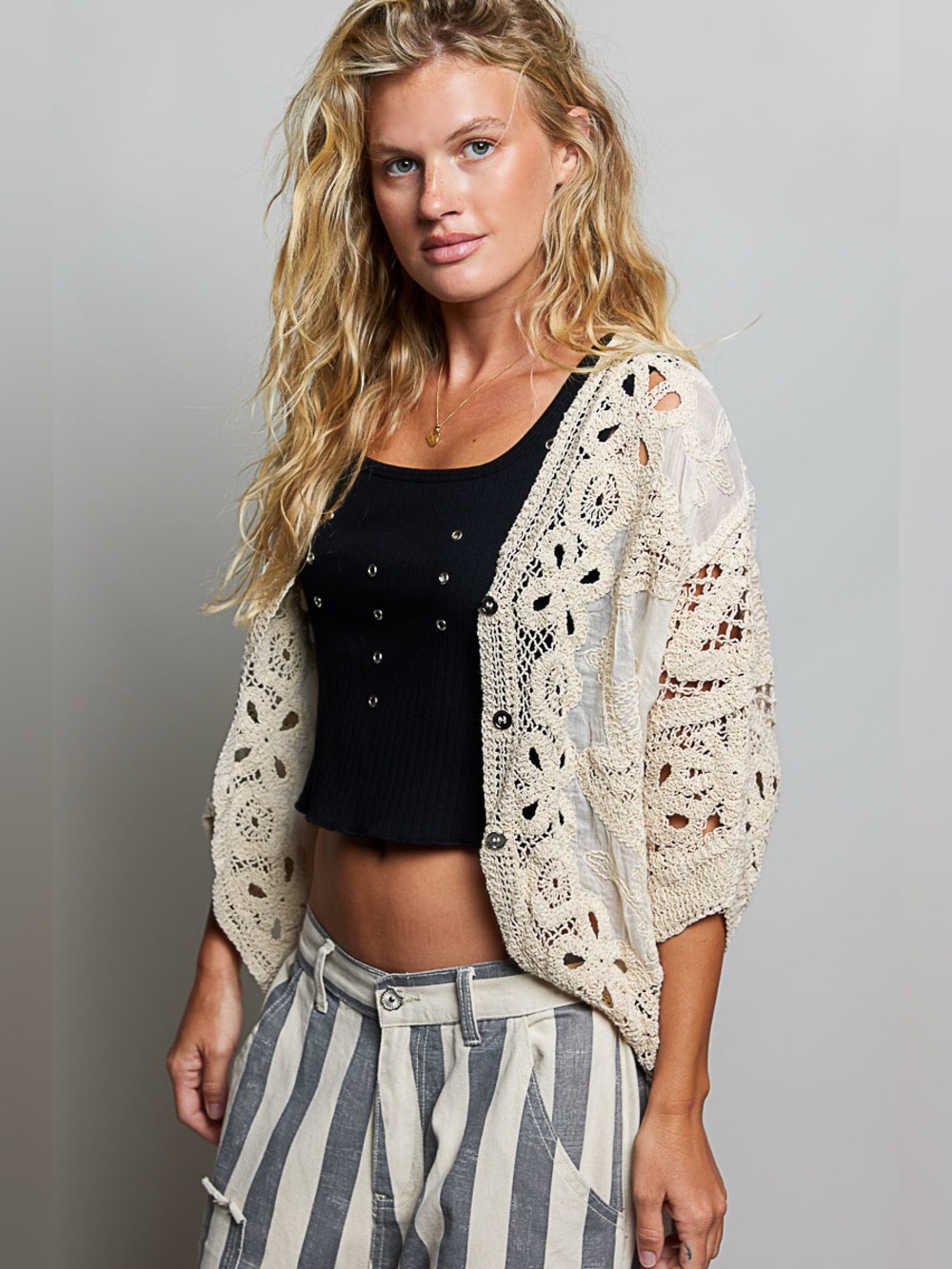 P89. Crochet Openwork Cardigan Sweater - Cream
